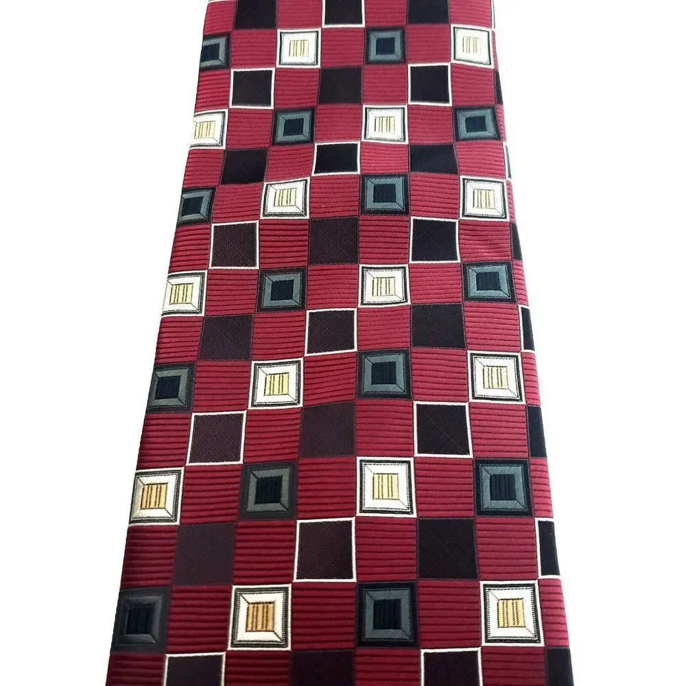 Bergamo New‎ York Red Black Tan Geometric Woven Polyester Long Tie